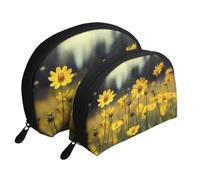 Summer Yellow Flowers Portable Shell Cosmetic Bag Set - Travel Makeup Organiser with Zipper & Inner Compartments