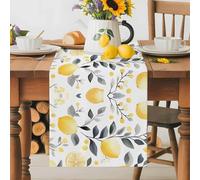 Summer Yellow Table Runner 13x108 Inches Long Lemon Grey Eucalyptus Leaf Fruit Cotton Linen Table Runner Burlap Style for Dinner Table Party Decor Tabletop Decorations