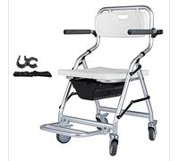 summerr Folding Commode Chair, Portable Folding Bathroom Wheelchairs Stool, Bath Shower Chair with Armrests and Wheels, for Handicap Elderly (Size : B(With accessories))