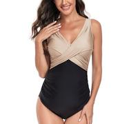 SUMMERSUNSHINE Maternity One Piece Swimwear Front Cross Pregnancy Swimsuit Bathing Suit Maternity Bikini, Khaki Black, XL