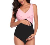SUMMERSUNSHINE Maternity One Piece Swimwear Front Cross Pregnancy Swimsuit Bathing Suit Maternity Bikini, Pink Black, Large