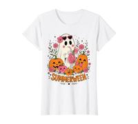 Summerween Ghost Pumpkin Floral Funny Halloween Summer Value Graphic T-Shirt, Women, White, XL
