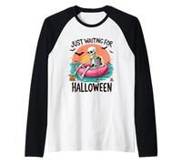 Summerween Just Waiting for Halloween Skeleton Sunset Raglan Baseball Tee