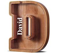 Summidate Customized Name Extra Large Wooden Letter Money Box for Kids Boys Initial Alphabets Piggy Bank A-Z Coins Bills Money Change Bank on Clear Cover (Laser Engraved) Decor Educational Toys