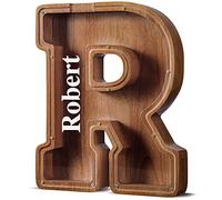 Summidate Customized Name Extra Large Wooden Letter Money Box for Kids Boys Initial Alphabets Piggy Bank A-Z Coins Bills Money Change Bank on Clear Cover (Laser Engraved) Decor Educational Toys