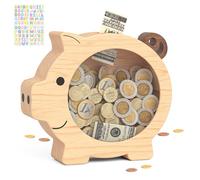 Summidate Personalised Wooden Piggy Bank with DIY Letter and Clear Window