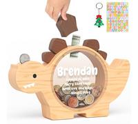 Summidate Wooden Dinosaur Piggy Bank for Kids Boys, Cute Wood Dino Money Bank for Toddlers, Creative Saving Coin Jar, Personalized Present for Child Birthday & Decor (Natrul Wood, Custom)