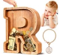 SummiDate Wooden Letter Money Box for Kids, Personalised Piggy Bank for Boys Girls Toddler, Alphabet R Money Banks| Coin Bank Birthday Gift for Kids|Children's Gift(Initial-R)