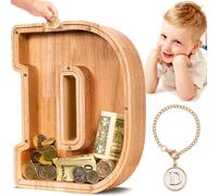 Summidate Wooden Letter Piggy Bank Personalised Money Box Kids Alphabet D | Kids Lockable Money Box for Saving, Large Reusable Savings Bank for Children, Birthday Gift, Christmas Gift and Nursery Decor
