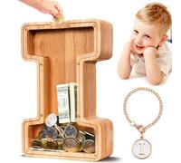 summidate Wooden Letter Piggy Bank Personalised Money Box Kids Alphabet I | Kids Lockable Money Box for Saving, Large Reusable Savings Bank for Children, Birthday Gift, Christmas Gift and Nursery Decor