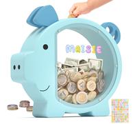 Summidate Wooden Piggy Bank for Boys Girls Kids Toddler Adults Large Unbreakable Bills Coin Change Money Saving Jar Children Personalized Gift Nursery Decor (Blue Piggy Bank, Stanard)