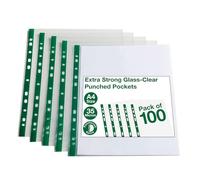 Summit A4 Glass Clear Punched Pockets - Pack of 100 - Premium Clear Plastic Sheet Protectors, Multi-Punched for Ring Binders & Lever Arch Files