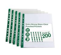 Summit A4 Glass Clear Punched Pockets - Pack of 200 - Premium Clear Plastic Sheet Protectors, Multi-Punched for Ring Binders & Lever Arch Files