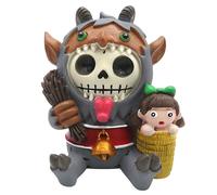 Summit Collection Furrybones Figurine, Signature Skeleton in Krampus Costume with Tongue Out Holding Little Girl Wrapped in Rope, Small Tabletop Statues. 3.25 Inches