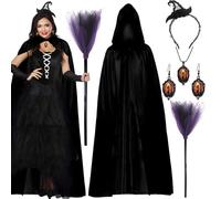 SummitEdge 6 PCS Witch Costume Adult Women, Witch Hat Headbands, Black Cape Black Cloak with Hood, Gothic Accessories, Witches Broom for Womens Ladies World Book Day Costumes