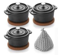 SUMNACON 3 Pcs Cast Iron Mini Dutch Oven Pots, 8 oz Mini Cocotte Pan Kitchen Garlic Roaster Pot Small Round Oven Pot with Lid and Cork Pan Mat for Family Party Picnic