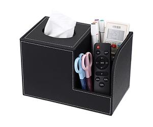 Sumnacon PU Leather Household Cube Square Tissue Holder Box with Two Multi-Function Organizer Side Pocket for Remote Control Vanity Makeup Cosmetics Pen Pencil Black