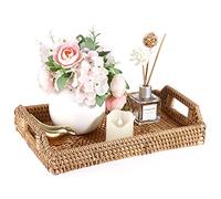 Sumnacon Rectangular Rattan Woven Serving Tray Display Storage Platters with Handle Table Desktop Organiser Tray for Coffee, Drink, Breakfast, Tea, Candle