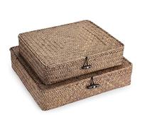 Sumnacon Set of 2 Seagrass Storage Basket Handmade Weave Hamper Wicker Box Chest with Lid & Lock (Coffee)