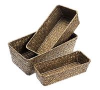 Sumnacon Set of 3 Seagrass Storage Baskets Woven Seagrass Desktop Basket Rectangular Organiser Box Shelves & Desks Decorative Baskets for Sundries Stationery Toys Cosmetics Books Gift Basket (Coffee)