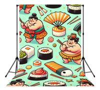 Sumo-Japanese-Sushi-Cartoon 5x7ft Photography Backdrop, Photo Background With Rod Pocket, Foldable Studio Backdrop For Birthday, Wedding, Party Decoration