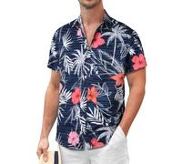 Sumolux Mens Hawaiian Floral Shirts Button Down Tropical Holiday Beach Shirts Adult, B Blue White Leaves Flower, 3XL