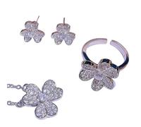 Sumpgle Clover Earrings Necklace Ring Set With Sparkling CZs Unique Floral Design Women Jewelry Bold Statement Gift