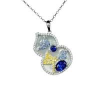 Sumpgle Oriental Bamboo Plum Orchid Pendant Necklace Mother of Pearl Vintage Fan Pink Crystal Jewelry Royal Blue Gemstone for Women