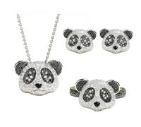 Sumpgle Panda Jewelry Set Black Gold Zirconia Adjustable Ring Pendant Earrings Animal Theme Gift