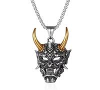 Sumpgle Titanium Steel Hannya Mask Pendant Men's Necklace Unique Vintage Jewelry Long Horn Demon Skull Mask Japanese Style Men's Accessory
