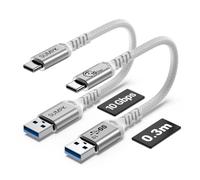 SUMPK Short USB C Cable 10Gbps for Android Auto, 0.3m 2 packs, White | 0.3m USB A to Type C Fast Charging, High Speed Data Cable USB 3.1 Gen2, Braided, Compatible for Carplay, iPhone 17/16/15