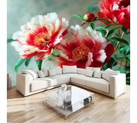 Sumptuous Elegant Blossom Peony Botanical Wall Mural 350 x 256 cm Leaf Green Non-Woven Photo Wallpaper, Large Wall Covering for Living Room & Bedroom, Paste the Wall