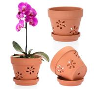 SUMTree 15cm Terracotta Orchid Pots, 3 Pack Terracotta Orchid Pots with Holes and Saucers, Small Terra Cotta Orchid Pot, Plant Flower Pots for Orchid Indoor Outdoor Promotes Air Circulation