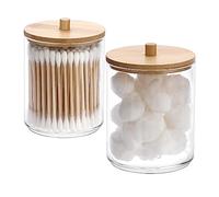 SUMTree 2 Pcs 10 Ounce Plastic Cotton Swab Holder with Bamboo Lids
