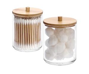 SUMTree 2 Pcs 10 Ounce Plastic Cotton Swab Holder with Bamboo Lids