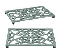 SUMTree 2pcs Rectangle Cast Iron Trivet, Decorative Heavy Duty Hot Pot Holder Mat, Vintage Butterfly Pattern Cast Iron Trivet with Rubber Pegs for Kitchen Dining Table (Green)