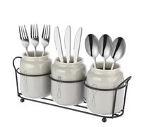 SUMTree 3-Piece Ceramic Silverware with Metal Rack, Utencil Holder Flatware Caddy Spoon Holder Cultery Organizer for Countertop, Kitchen Table, Cabinet or Pantry, Grey