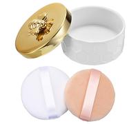 SUMTree Ceramic Body Powder Puffs and Container, Dusting Powder Container with 2 Puffs for Women, Empty Talcum Box for Baby, 10.8 * 10.8 * 7cm, 1 Pink & 1 White Puffs, Golden Bee Lid