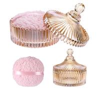 SUMTree Extra Large Glass Body Powder Container and Puff, Dusting Powder Container with 1 Puff Washable and Reusable for Women, Empty Talcum Box Container for Baby, 1 Pink Puff, Amber