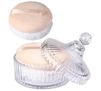 SUMTree Glass Body Powder Puffs and Container, Dusting Powder Container with 2 Puffs Washable and Reusable for Women, Empty Talcum Box Container for Baby, 1 Pink&1 White Puffs, Medium, Clear