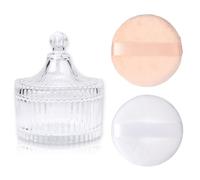 SUMTree Glass Body Powder Puffs and Container, Dusting Powder Container with 2 Puffs Washable and Reusable for Women, Empty Talcum Box Container for Baby, 1 Pink&1 White Puffs, Small, Clear