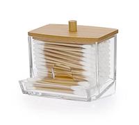 SUMTree L-shaped Qtip Cotton Ball Holder Acrylic Qtip Dispenser with Bamboo Lid, Floss Swab Dispenser, Bathroom Storage Jar Canister, Plastic Apothecary Jar for Kitchen Bathroom Dressing Table