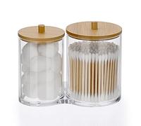 SUMTree Round Qtip Cotton Ball Holder Acrylic Qtip Dispenser with Bamboo Lid, Floss Swab Dispenser, Bathroom Storage Jar Canister, Plastic Apothecary Jar for Kitchen Bathroom Dressing Table