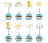 Sun 1st Birthday Decorations 24pcs Blue Orange Our Little Sunshine Is Turning One Cake Toppers for Boys Sun Clouds Cake Decoration Sunshine Rainbow First Birthday One Year Old Bday Party Supplies