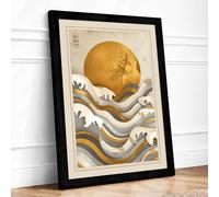 Sun Above Waves Japandi Framed Wall Art Print A1 Black