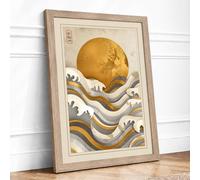 Sun Above Waves Japandi Framed Wall Art Print A2 Oak