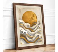 Sun Above Waves Japandi Framed Wall Art Print A2 Walnut