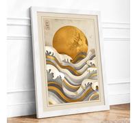 Sun Above Waves Japandi Framed Wall Art Print A4 White