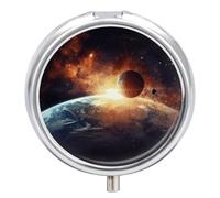 Sun and Earth Pill Box 3 Compartment Round Small Pill Box for Pocket Purse Metal Travel Pill Case Portable Daily Pill Organizer Cute Compact Medicine Organizer Mini Pill Container
