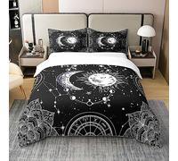 Sun and Moon Bedding 100% Cotton Set Constellation Galaxy 100% Cotton Duvet Cover for Kids Psychedelic Boho Mandala Breathable Celestial Duvet Set Black White Room Decor Quilt Cover King Size Zipper